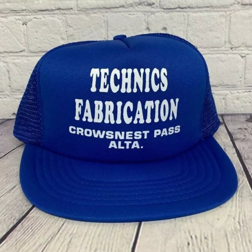 Vintage Technics Fabrication CROWSNEST Pass Alta. Trucker Hat Mesh Cap Blue